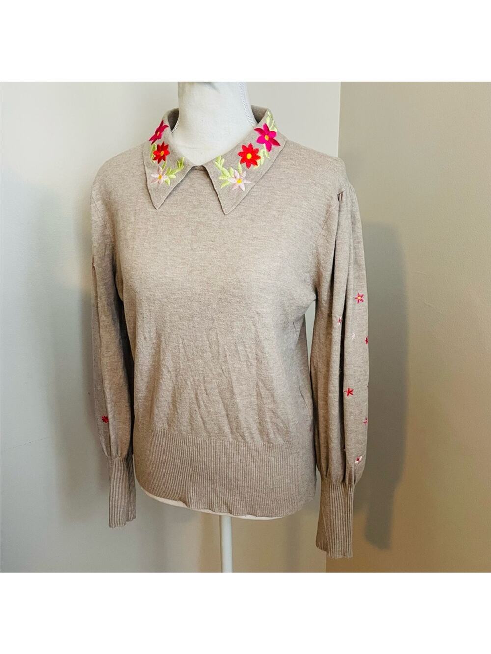 Aaeda Floral Embroidered Collar Soft Sweater